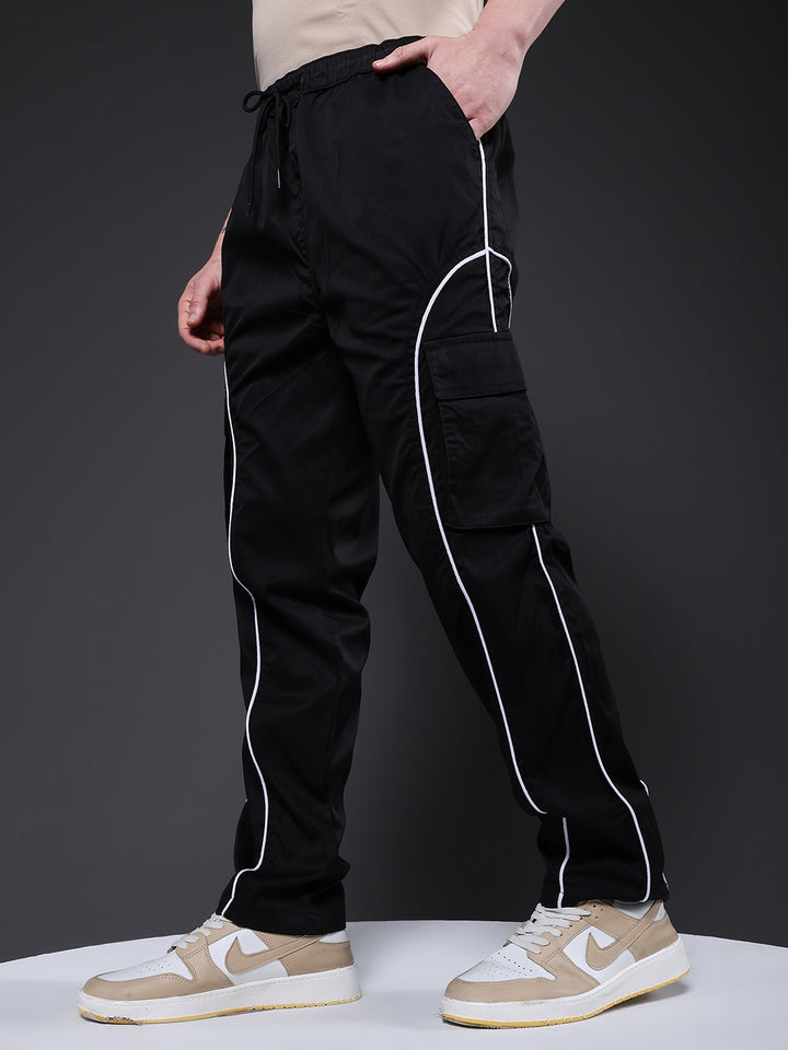 Men Striped Cargo Joggers - Black