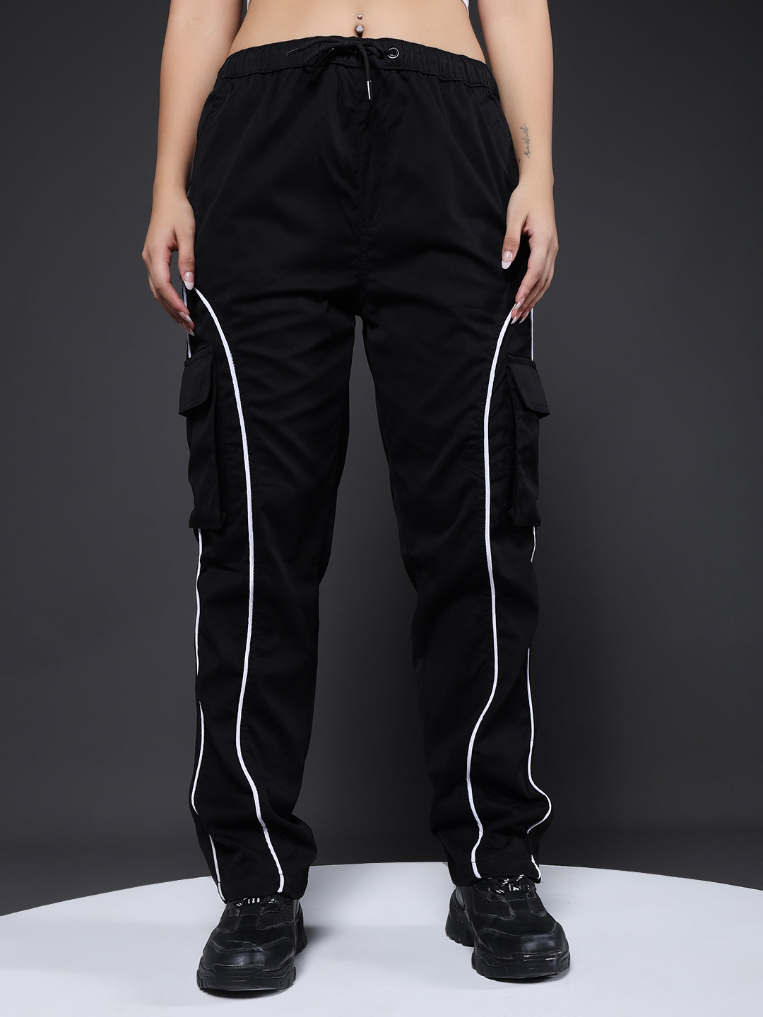 Women Striped Cargo Joggers - Black