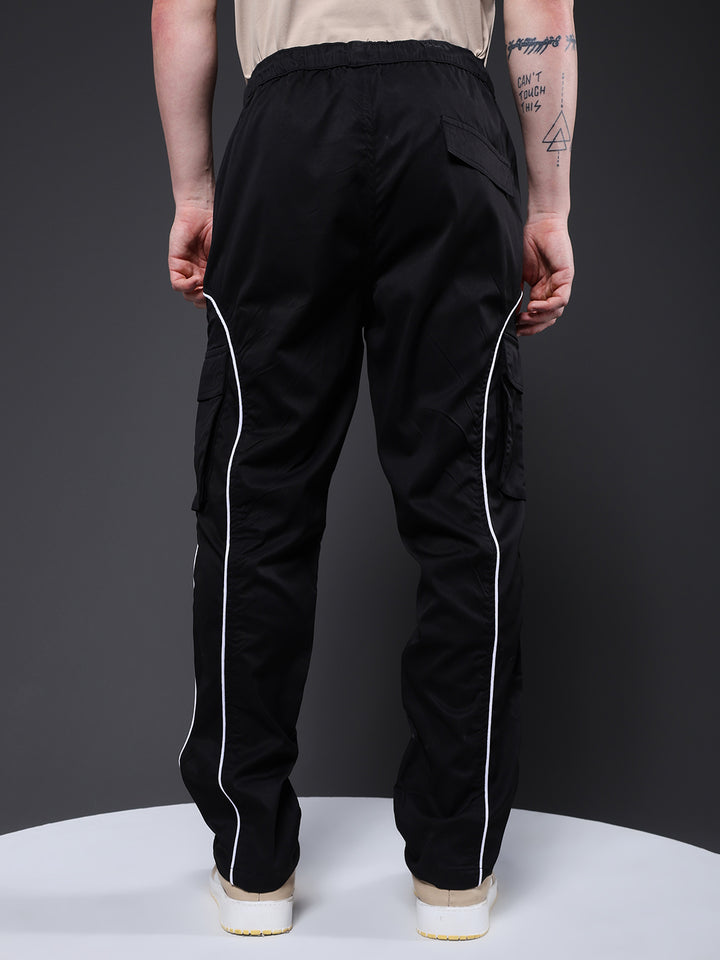 Men Striped Cargo Joggers - Black