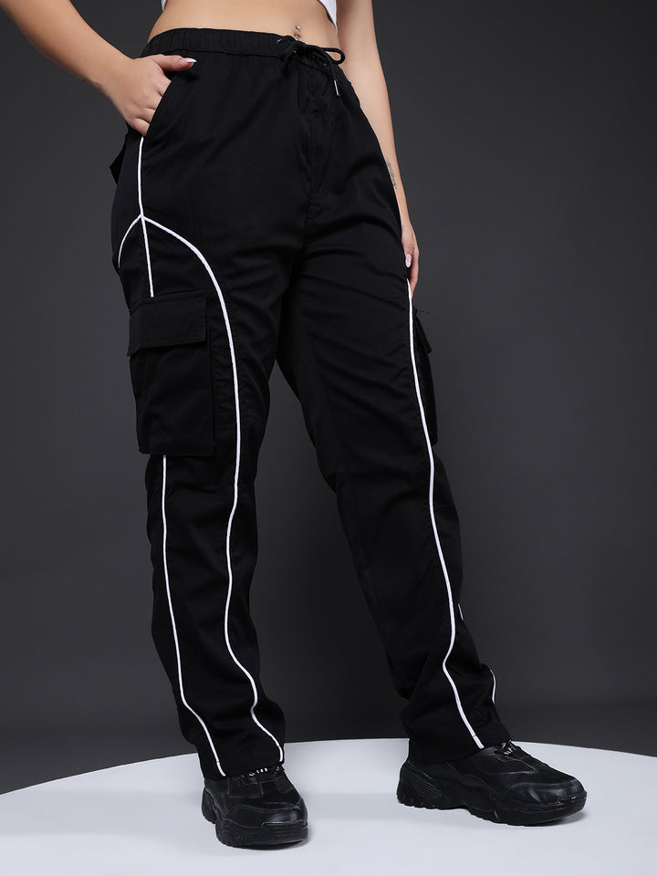 Women Striped Cargo Joggers - Black