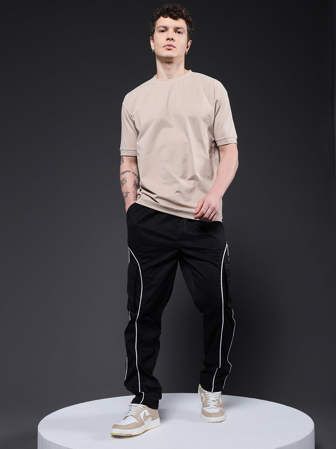 Men Striped Cargo Joggers - Black
