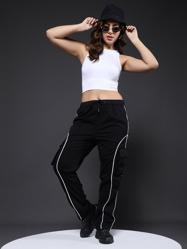 Women Striped Cargo Joggers - Black