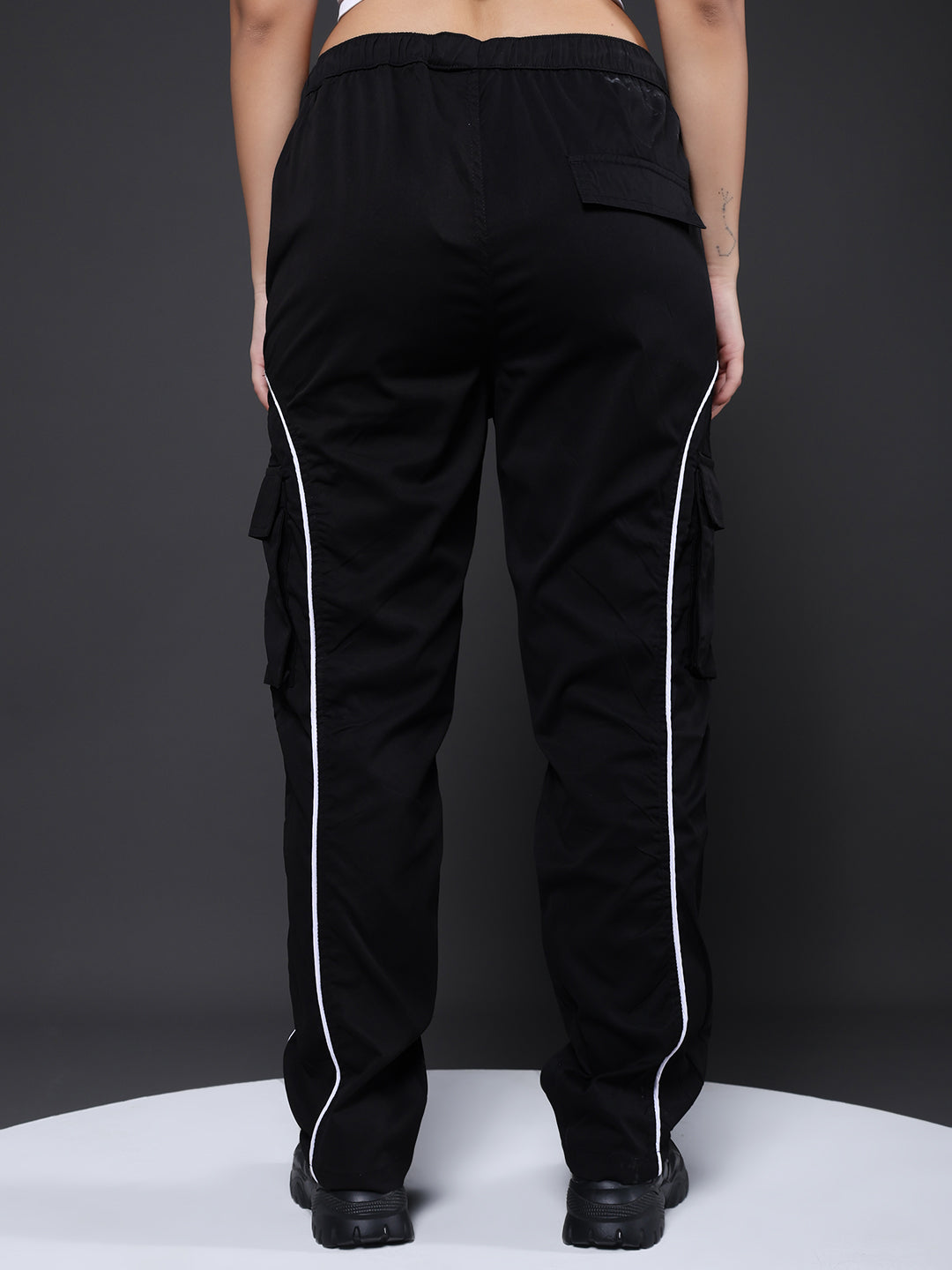 Women Striped Cargo Joggers - Black