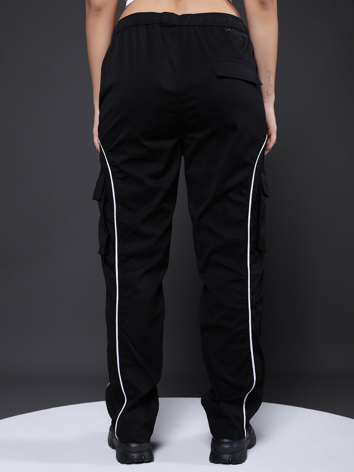 Women Striped Cargo Joggers - Black
