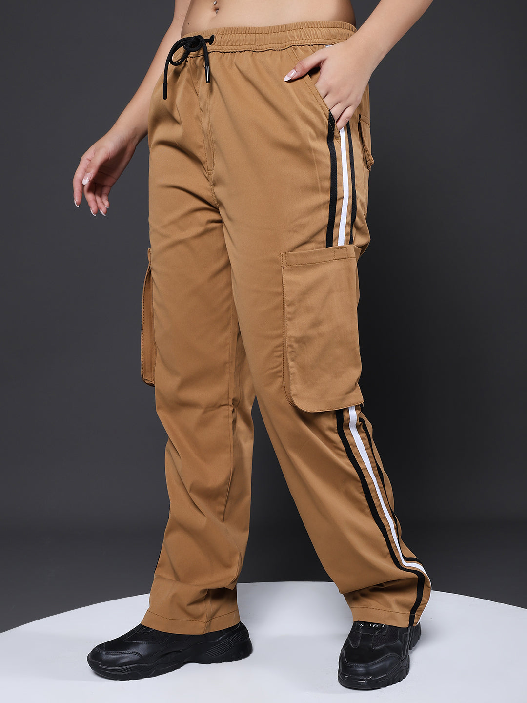 Women Striped Cargo Joggers - Khaki