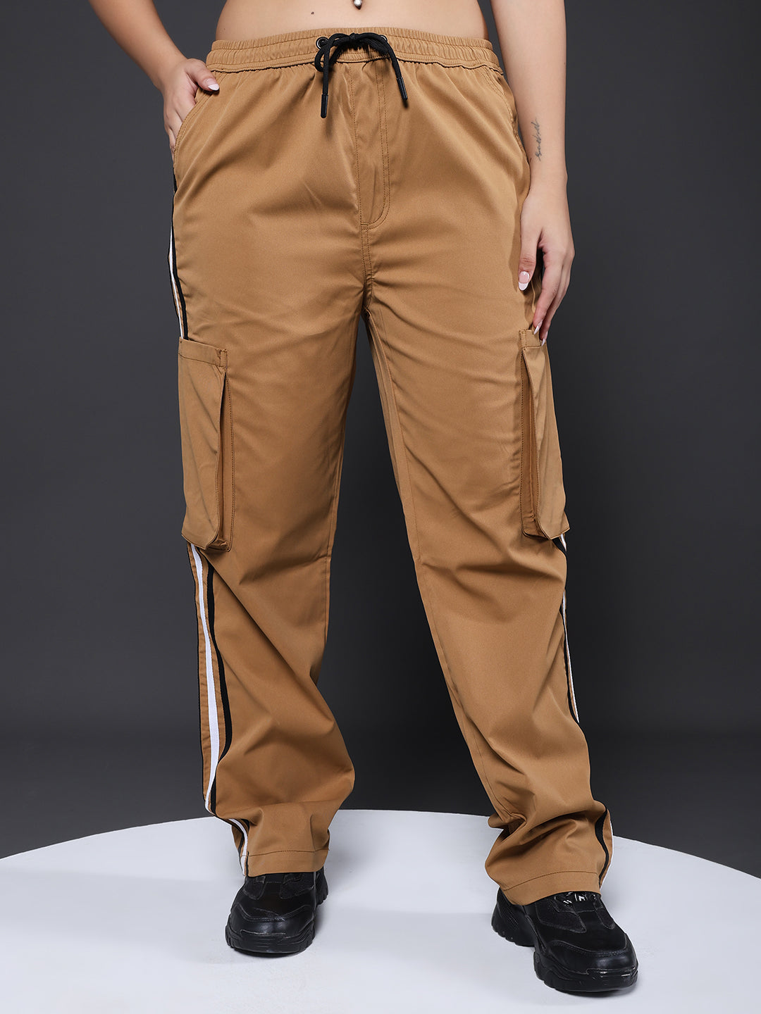 Women Striped Cargo Joggers - Khaki