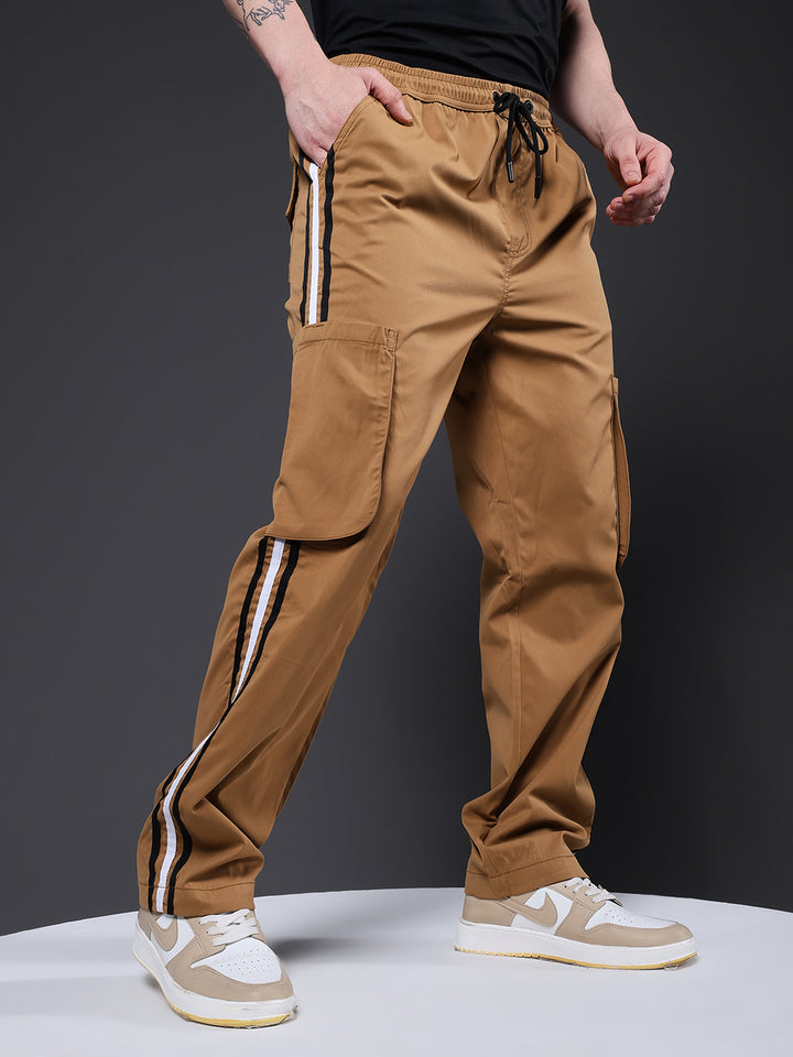 Men Striped Cargo Joggers - Khaki