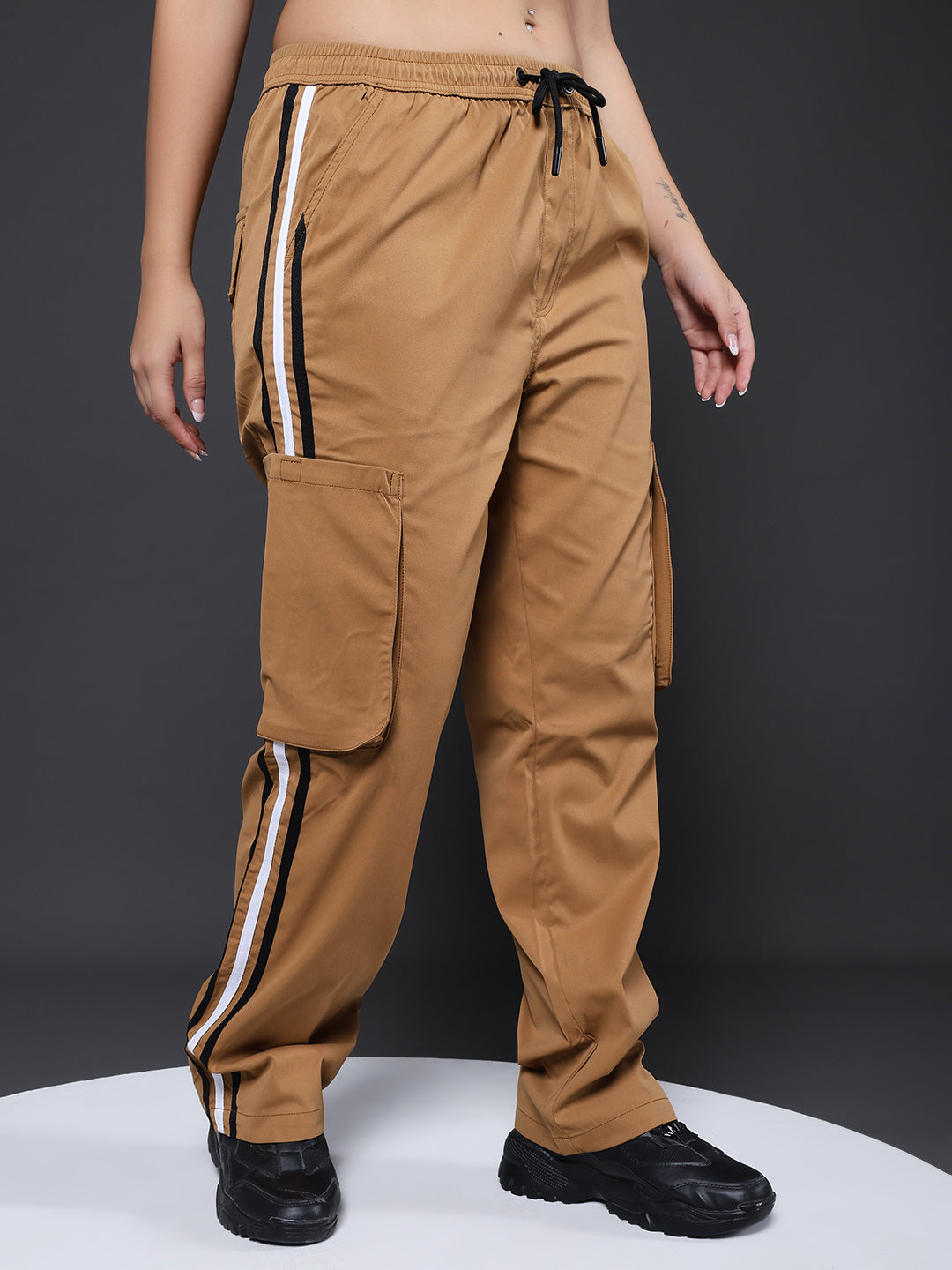 Women Striped Cargo Joggers - Khaki