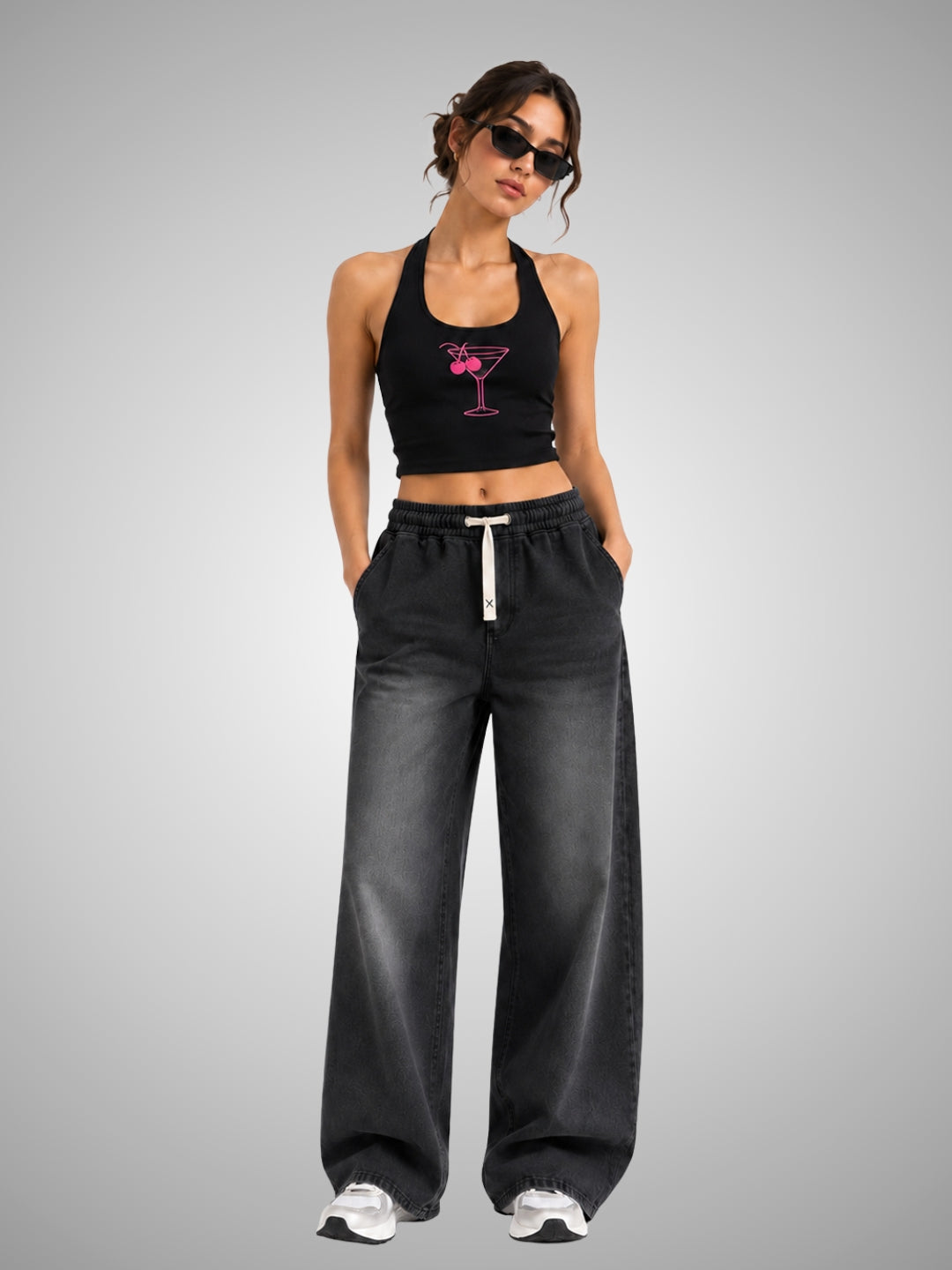 Women Acid Wash Baggy Fit Premium Terry Jogger - Black