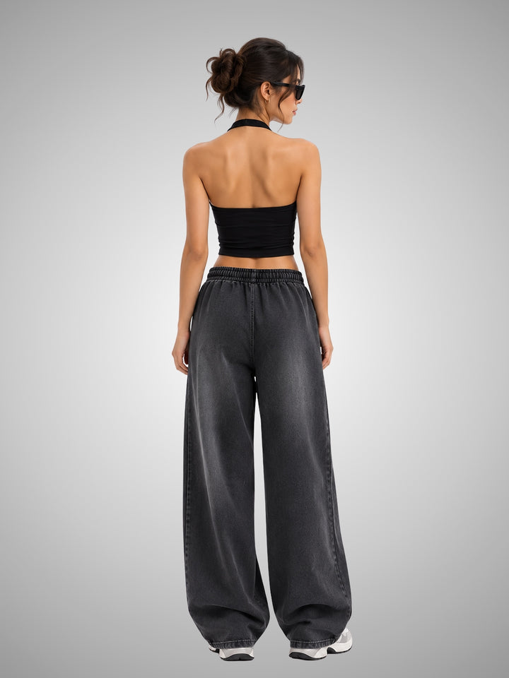 Women Acid Wash Baggy Fit Premium Terry Jogger - Black