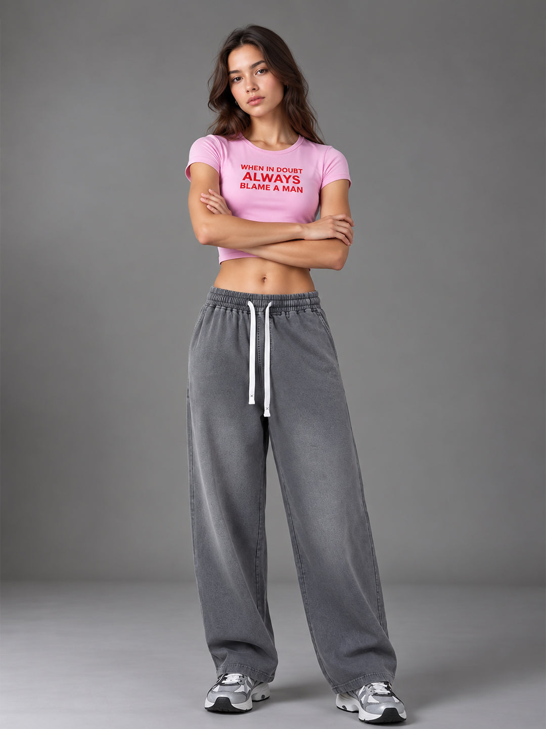 Women Acid Wash Baggy Fit Premium Terry Jogger - Dark Grey