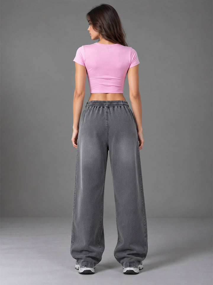 Women Acid Wash Baggy Fit Premium Terry Jogger - Dark Grey