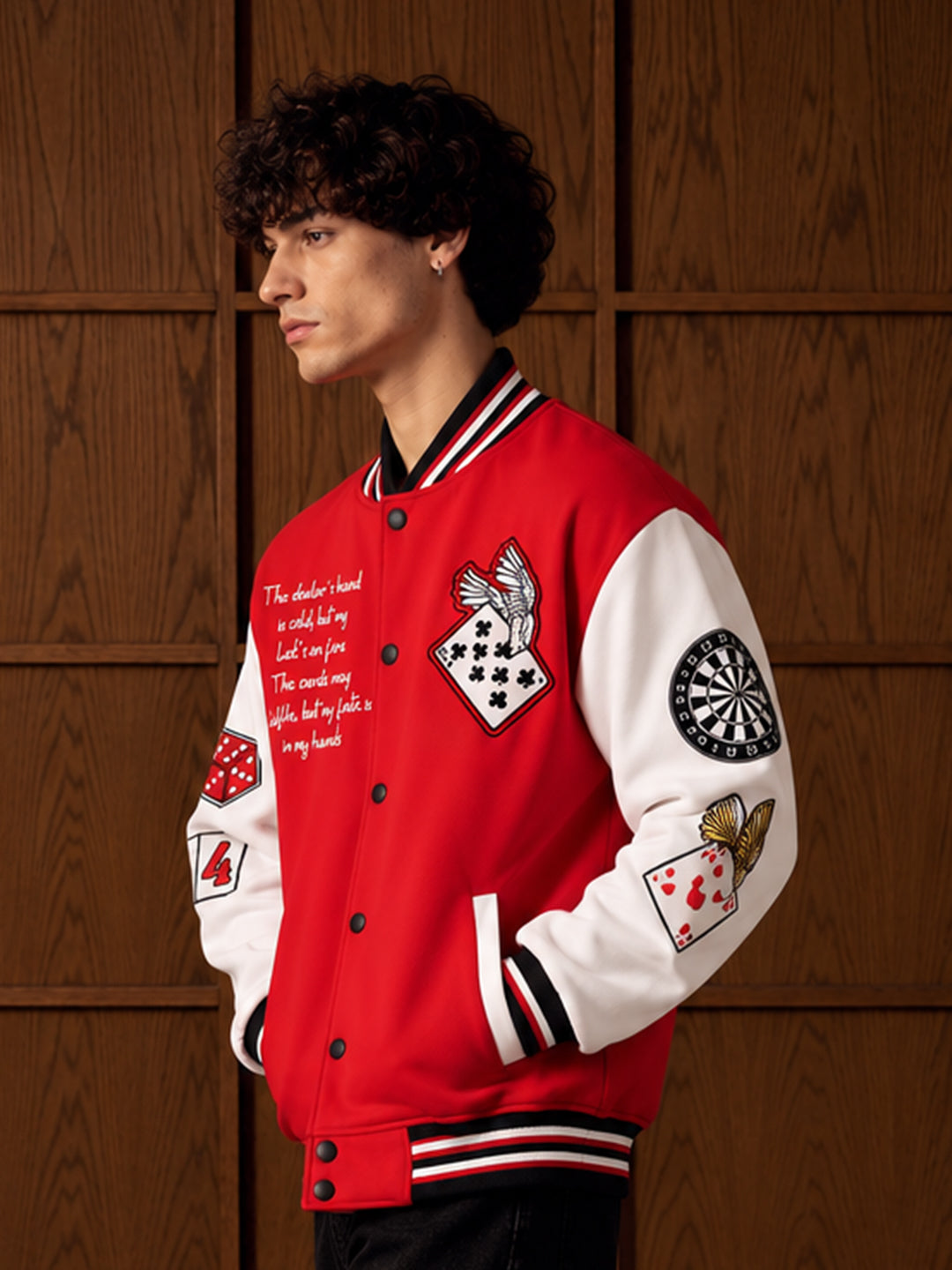 Cards Men Embroidered Varsity Bomber Jacket