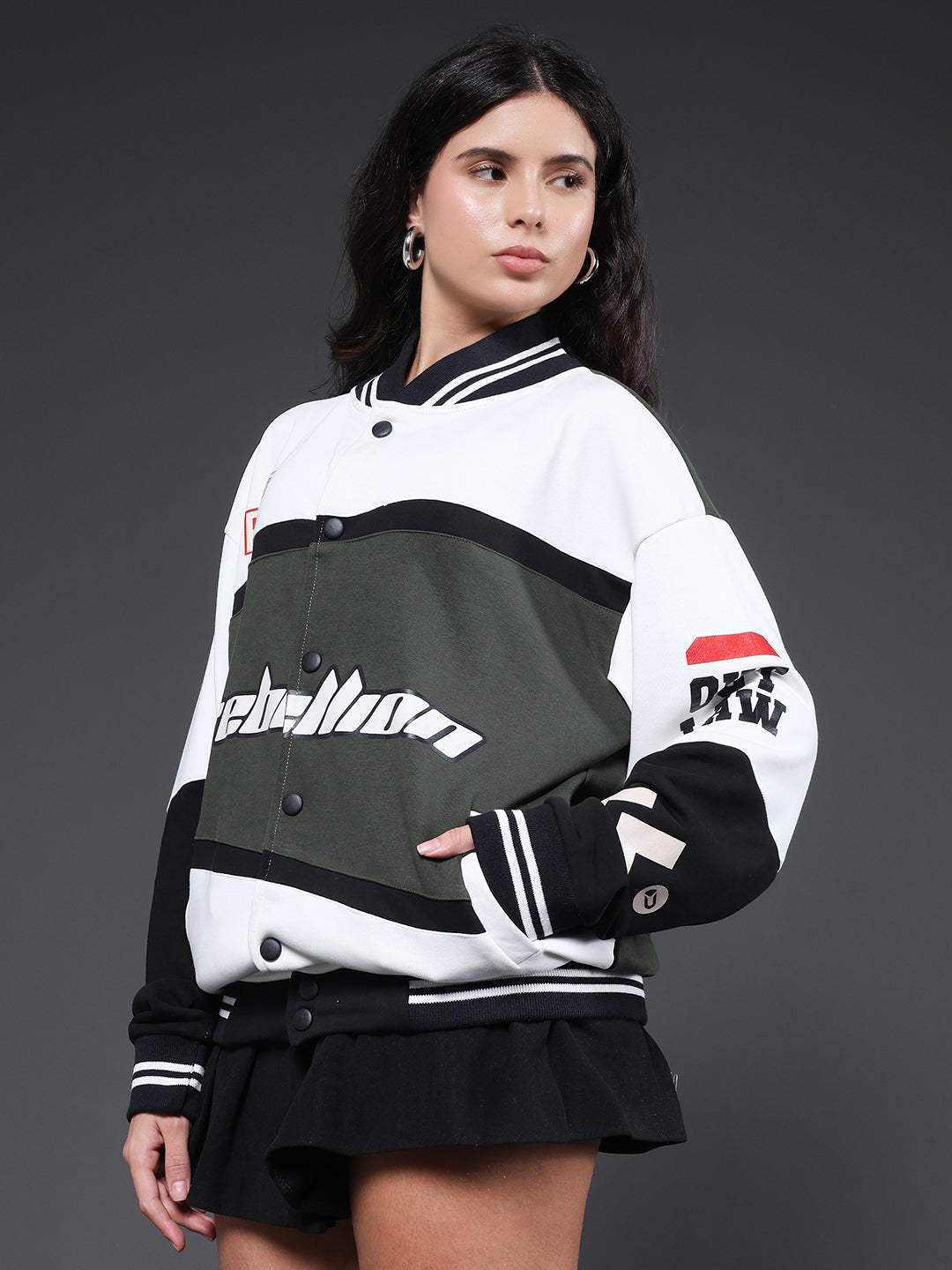 Women Graphic Printed Varsity Bomber Jacket