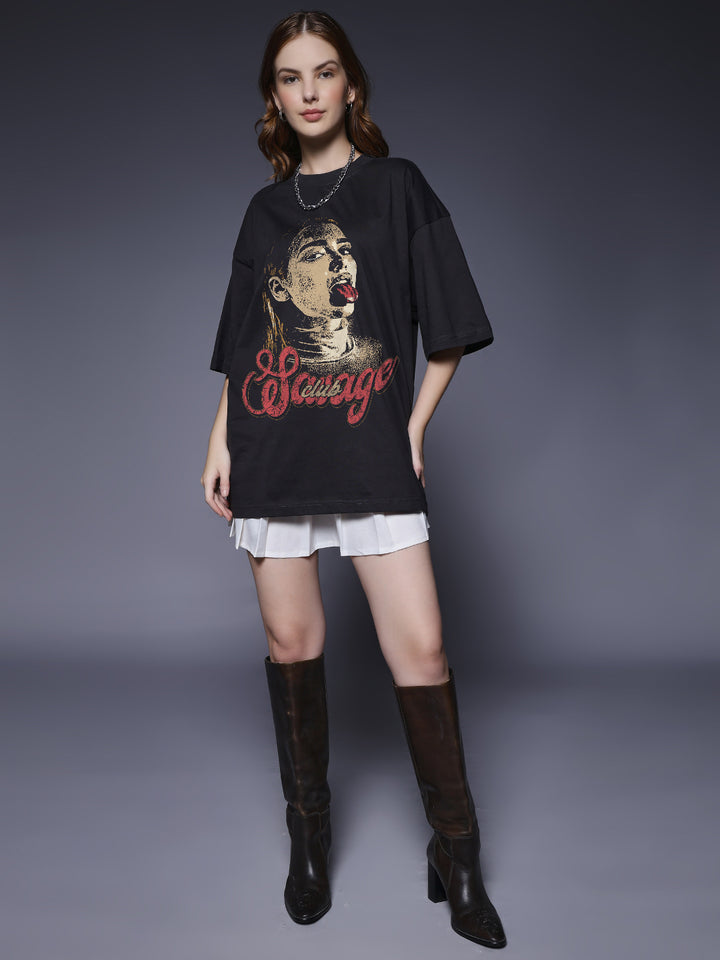 SAVAGE CLUB Women Printed Oversized T-Shirt