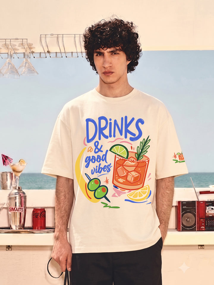 Drinks & Good Vibes Men Printed Oversized T-Shirt