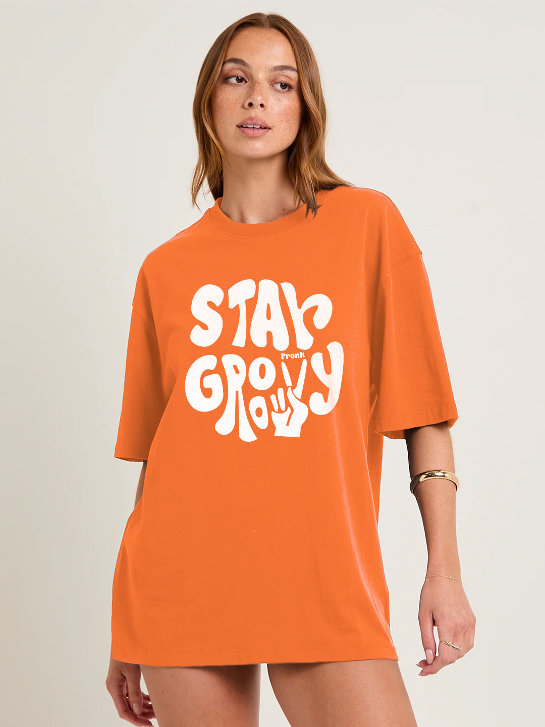 STAY GROOVY Women Graphic Oversized Printed T-Shirt