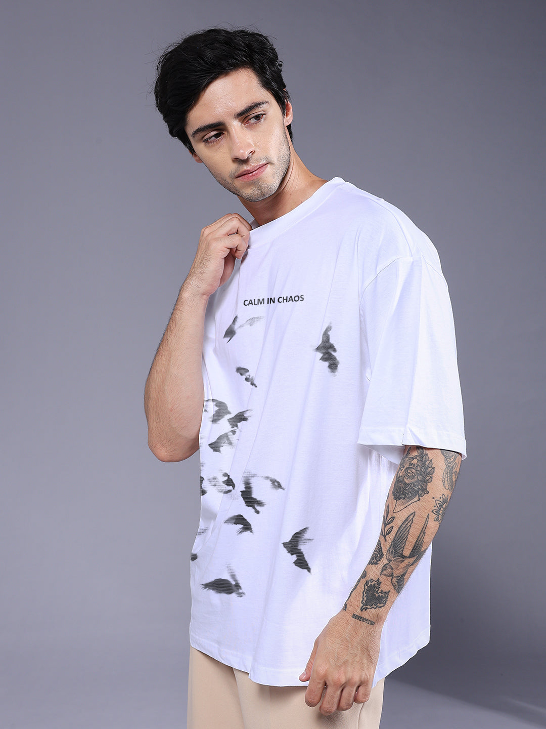 CALM IN CHAOS Men Printed Oversized T-Shirt