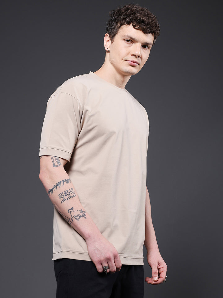 Hamo Solid Men Oversized T-Shirt - Beige