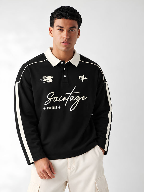 Men Premium Printed Boxy Fit Full Sleeve Polo T-Shirt