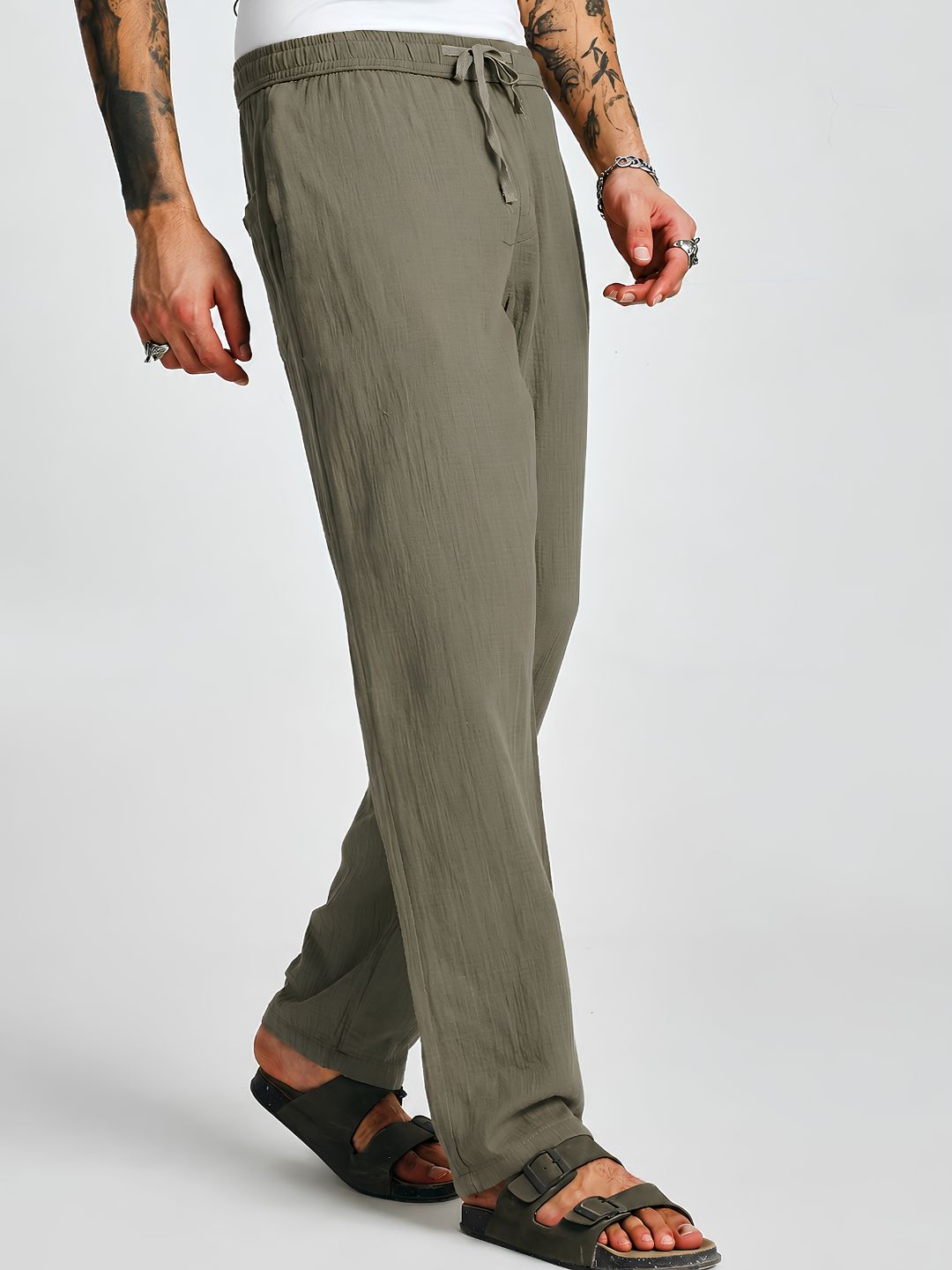 Men Solid Cotton Lounge Pants - Khaki