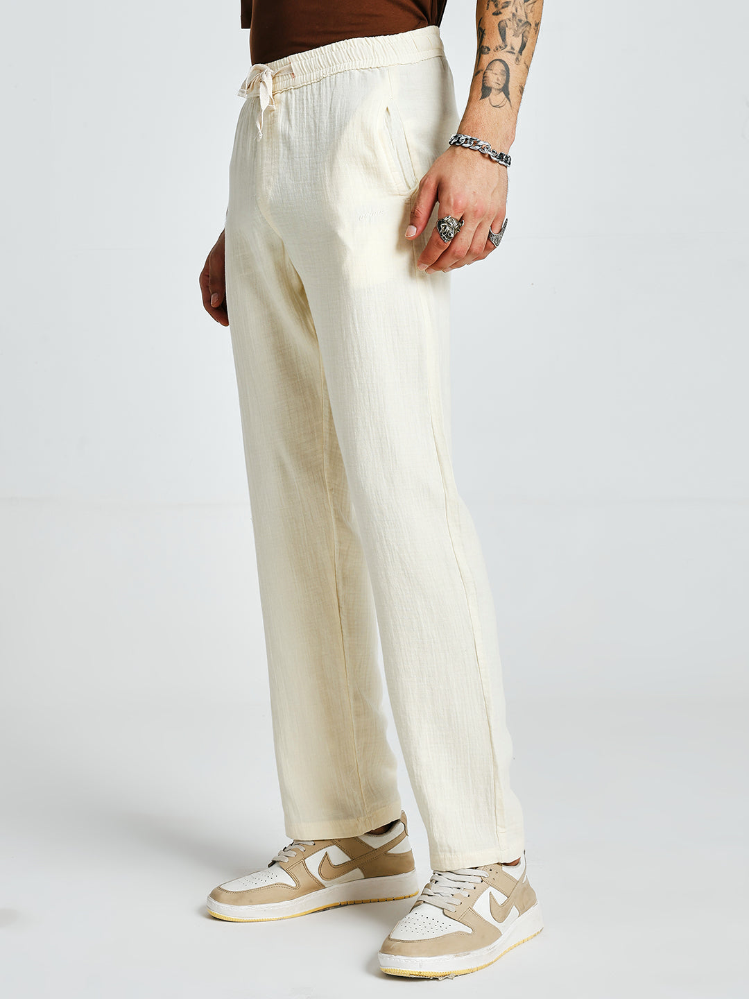 Men Solid Cotton lounge pants - Off White