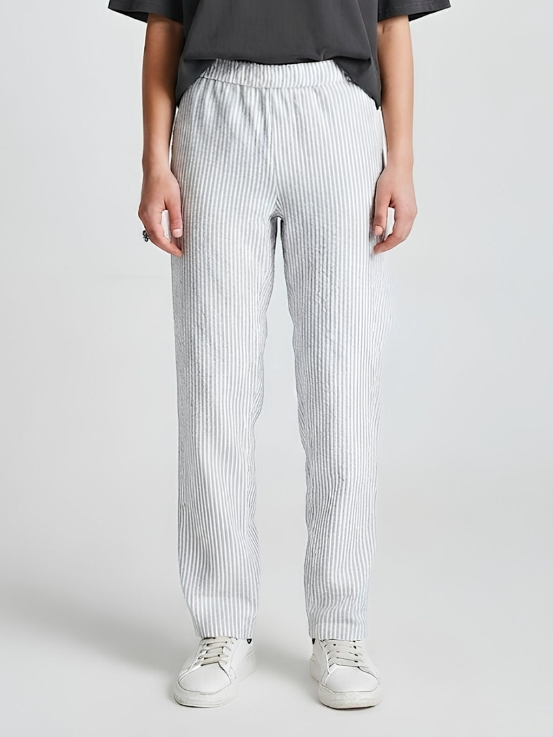 Women Striped Cotton lounge pants - Ash Grey