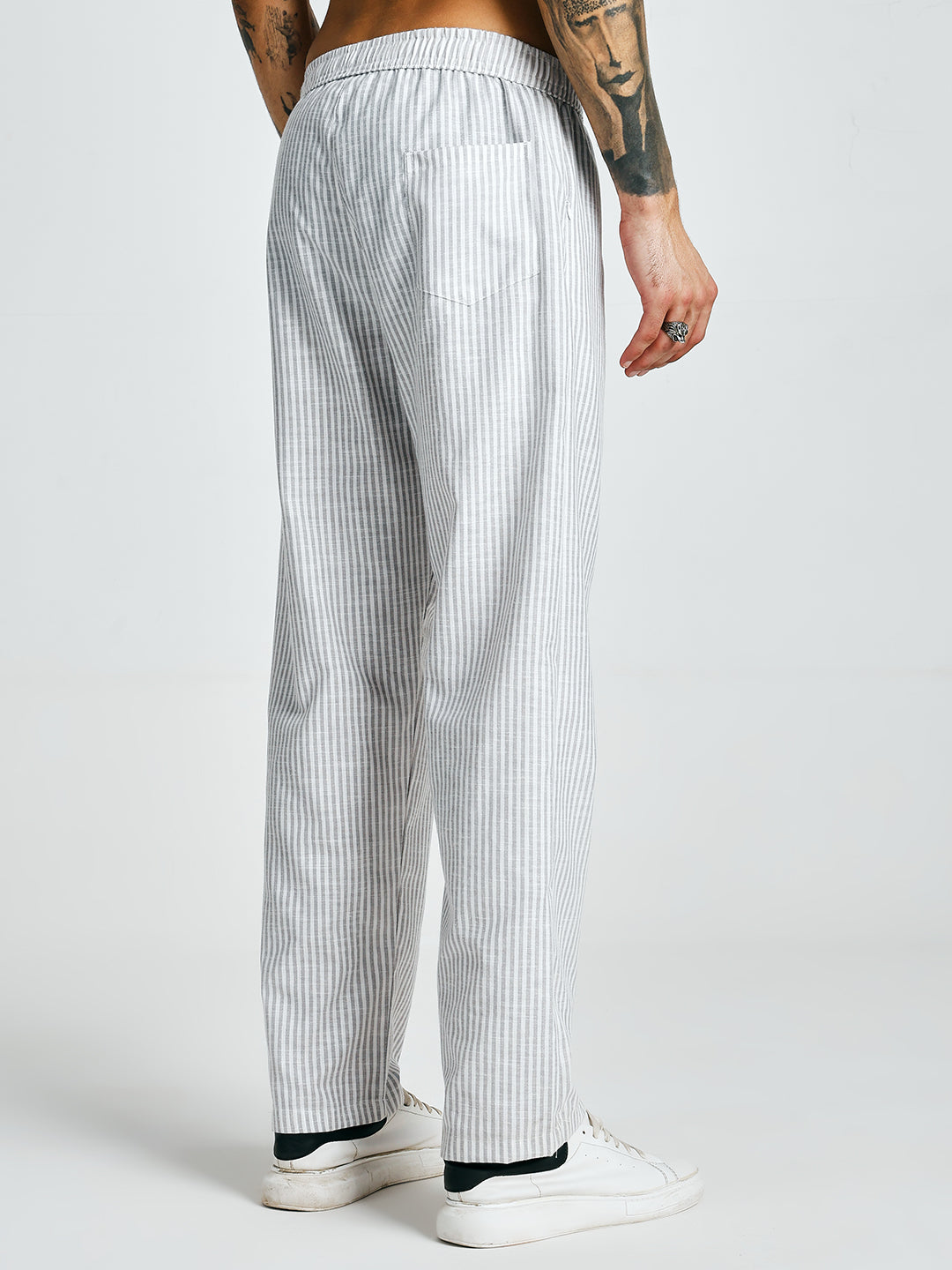 Men Striped Cotton lounge pants - Ash Grey