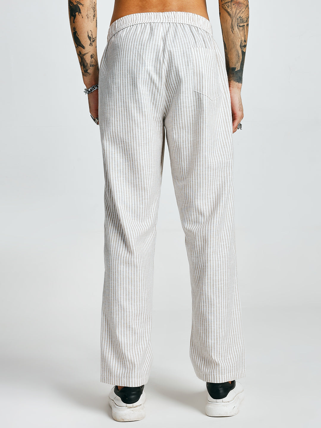 Men Striped Cotton lounge pants - Camel