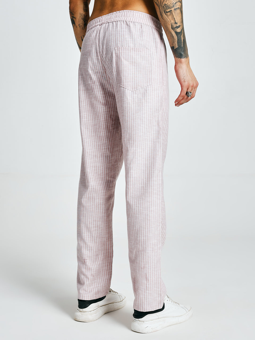 Men Striped Cotton lounge pants - Salmon Pink
