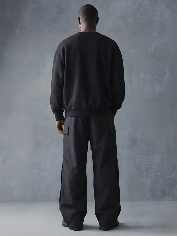 Solid Black Men Drop Shoulder Premium Terry Sweatshirt