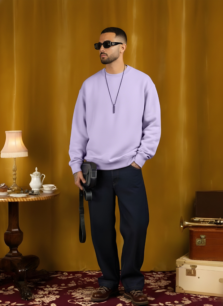 Solid Lilac Men Drop Shoulder Premium Terry Sweatshirt