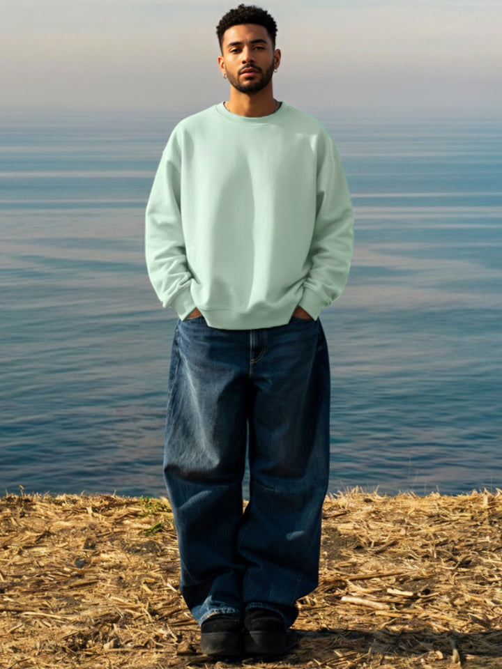 Solid Men Drop Shoulder Premium Terry Sweatshirt - Mint Green