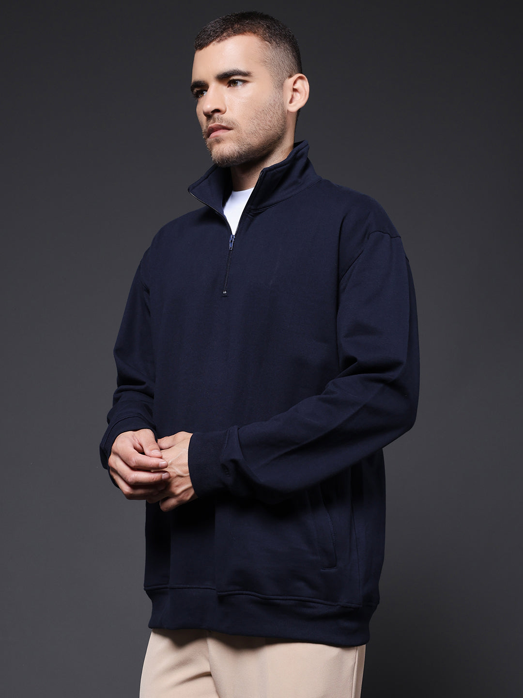 Solid Men Drop Shoulder Fleece Sweatshirt