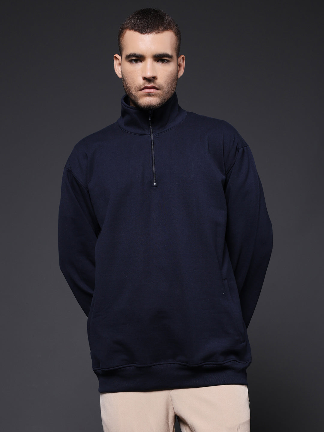 Solid Men Drop Shoulder Fleece Sweatshirt