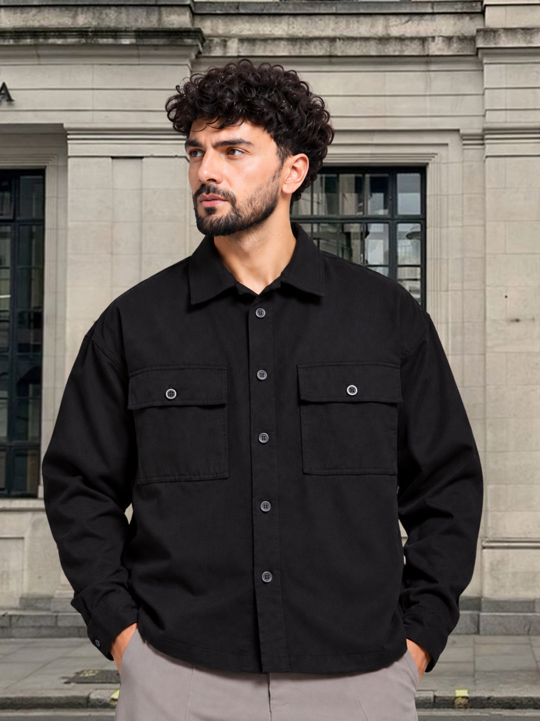 Solid Men Shacket - Black