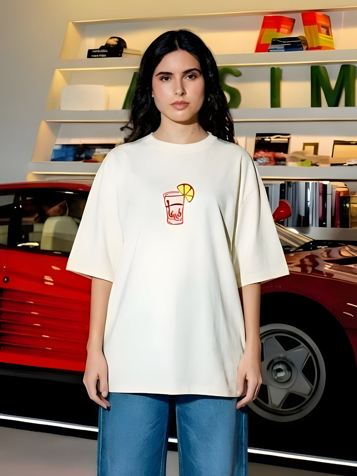 GOOD VIBES Women Oversized Terry Graphic T-Shirt