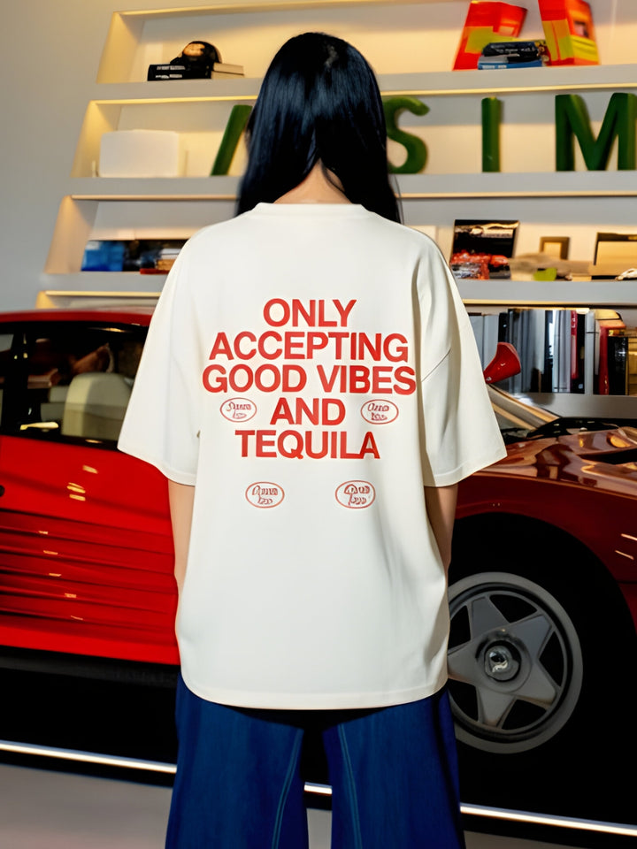 GOOD VIBES Women Oversized Terry Graphic T-Shirt