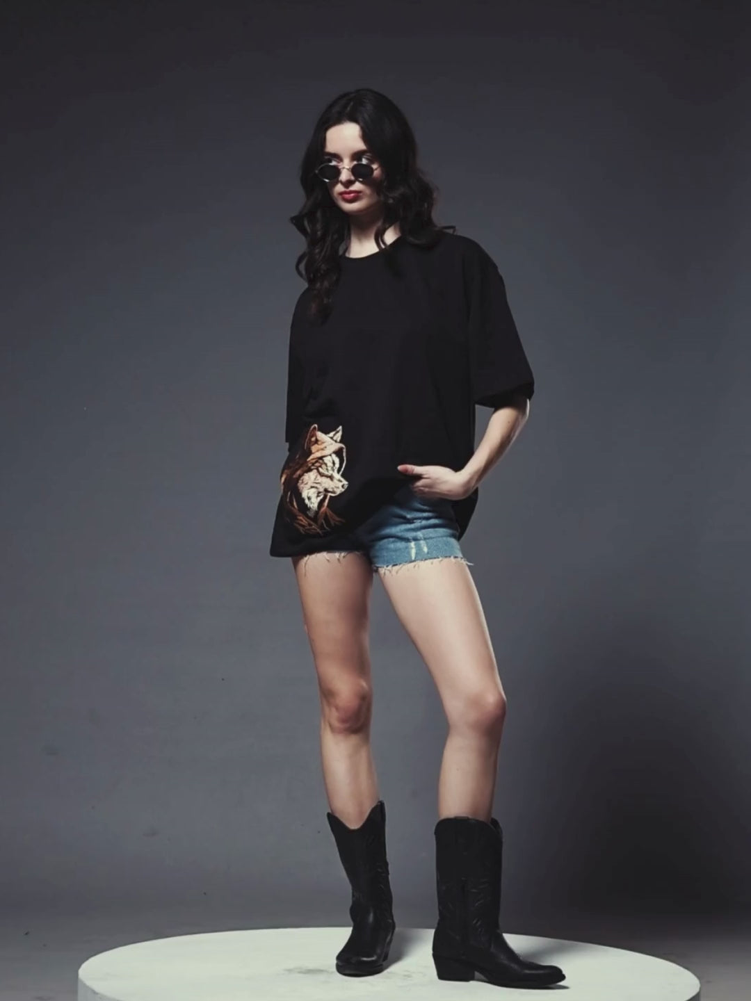 Wolf Embroidered Women Oversized Black Terry T-Shirt