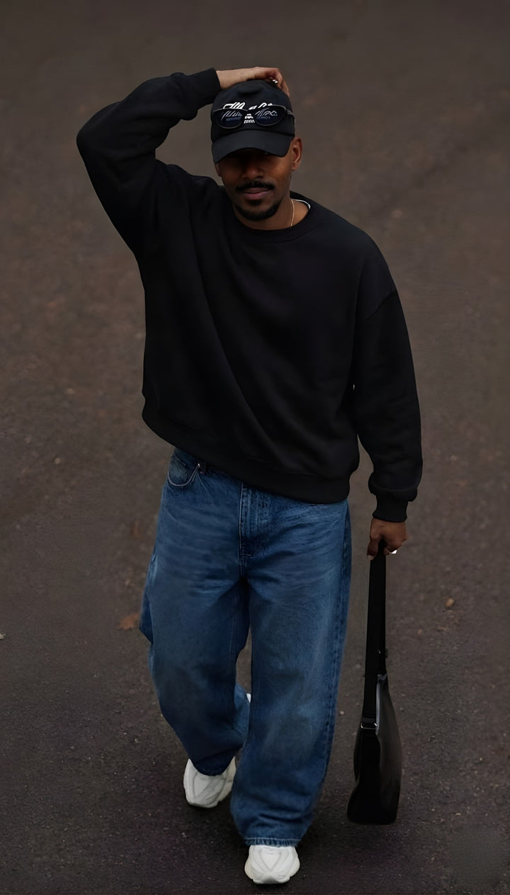 Solid Black Men Drop Shoulder Premium Terry Sweatshirt