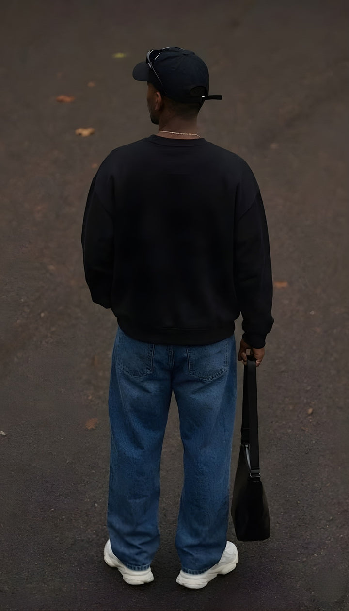 Solid Black Men Drop Shoulder Premium Terry Sweatshirt